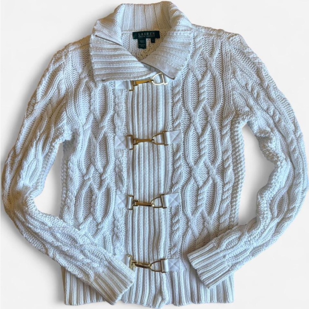 Ralph Lauren White Cable Knit Toggle Cardigan
